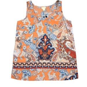 Lucy & Laurel Orange Blue Paisley Sleeveless Blouse Lightweight Packable Sz L